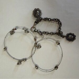 Lot of 3 Silver Tone Fleur-De-Lis Bracelets Cable Wire Charm & Chunky Chain